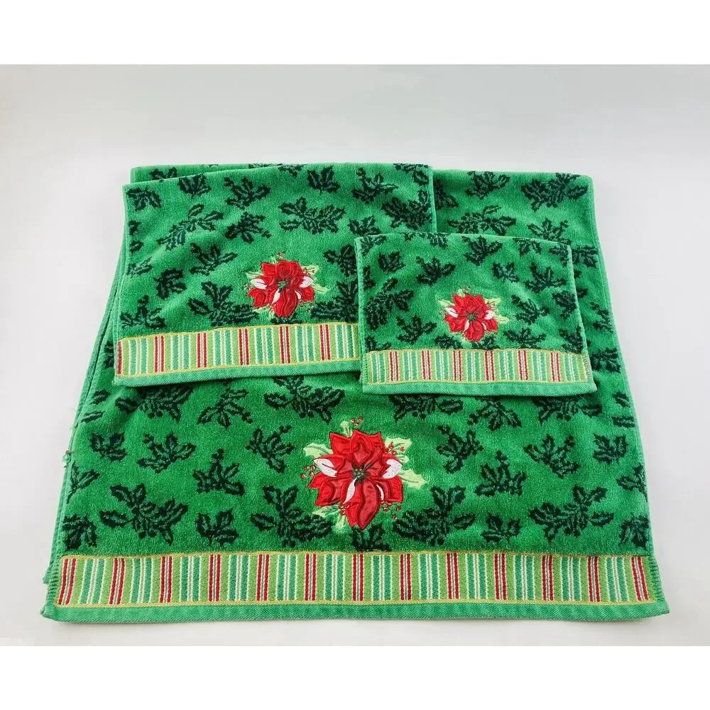 Christmas Towel Set Poinsettia Holly Embroidered Green Bath Body Hand Washcloth